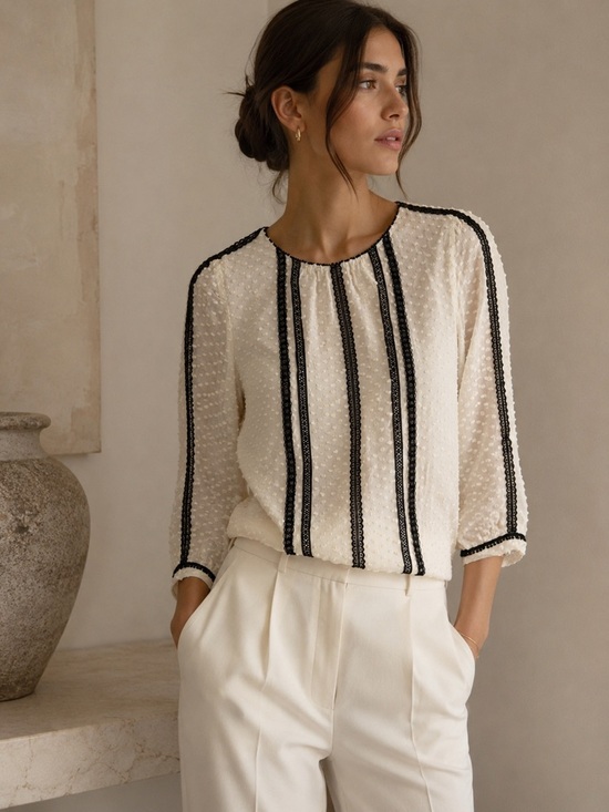 J. Crew Tops - J.Crew Silk Blend Swiss Dot Lace Trim Blouse Cream Black Boho Preppy Top Size 4